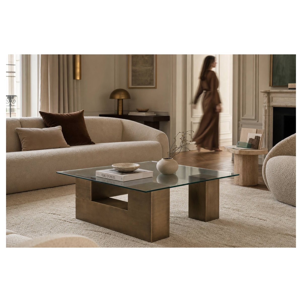 Table basse carrée en verre et laiton laiton vieilli, RECOLLECTION