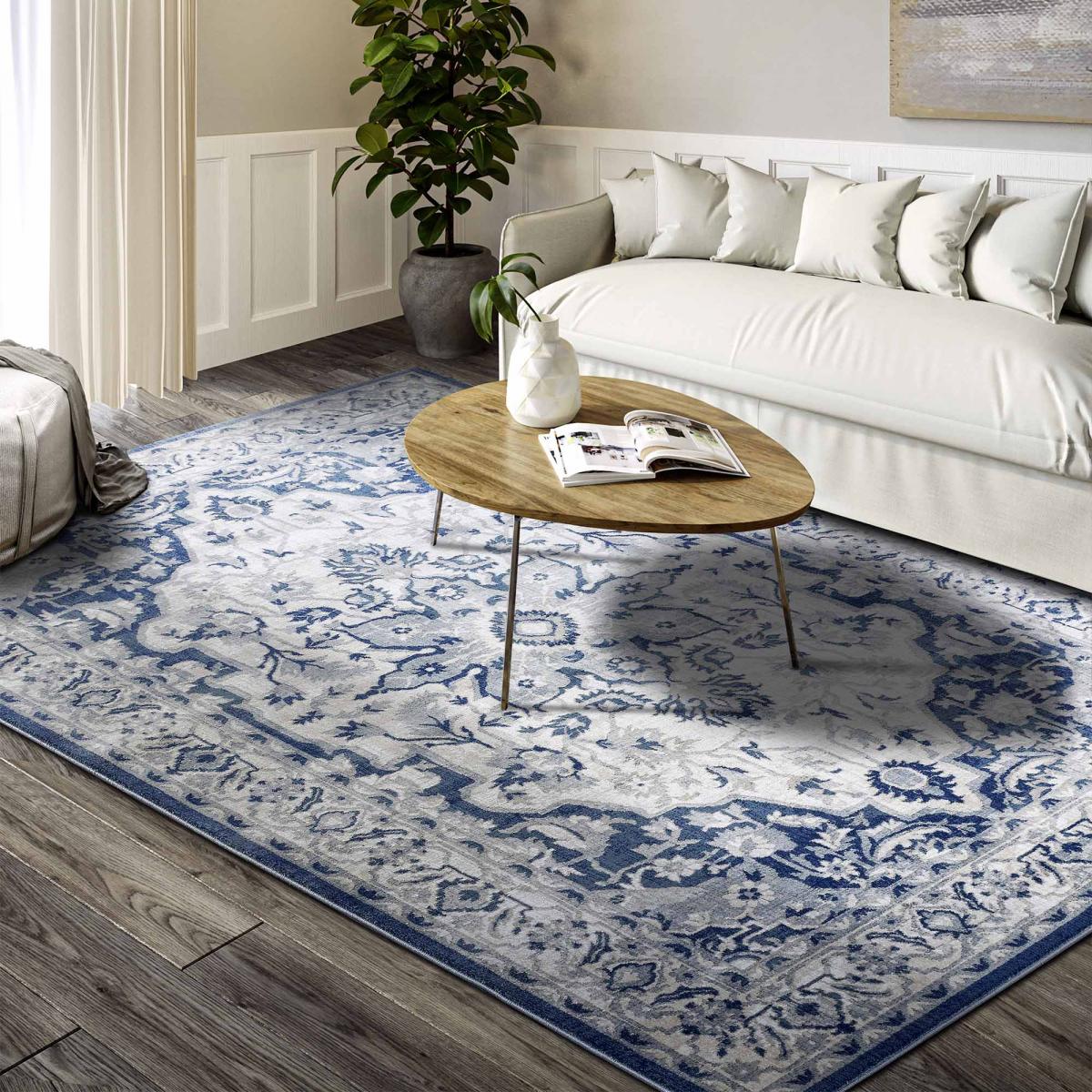 Tapis d'orient, motif oriental, GABRIELLE, entretien facile crème, bleu, UN AMOUR DE TAPIS