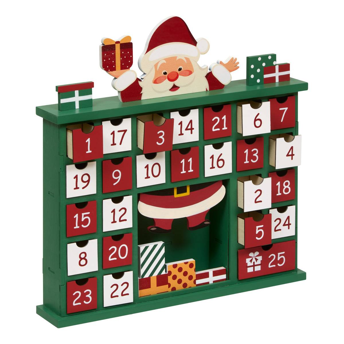 Calendrier de l'Avent cheminée en bois H. 31 cm vert, FEERIC LIGHTS & CHRISTMAS