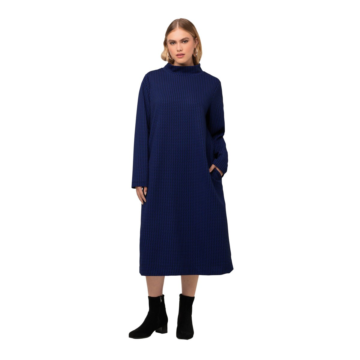 Robe en molleton texturé à col montant et titan bleu, ULLA POPKEN