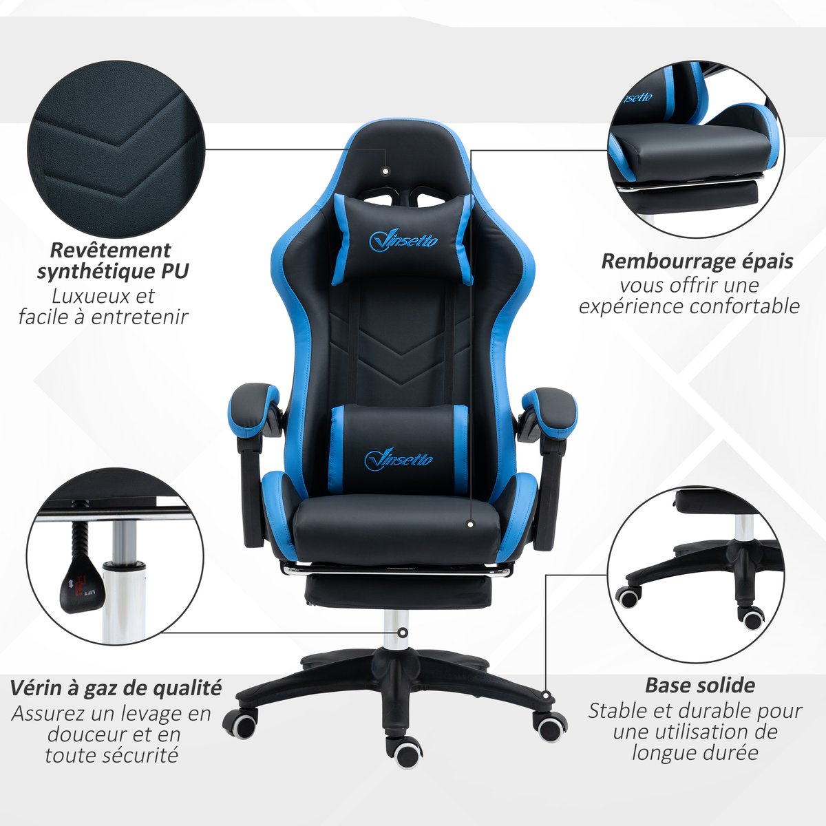 Fauteuil gaming Polyuréthane Noir noir et bleu, HOMCOM