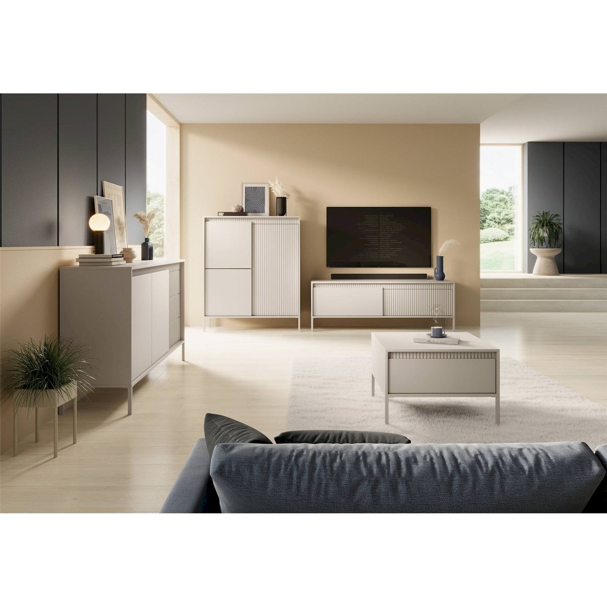 Buffet bois rainuré FALSETTO beige sable, RECOLLECTION
