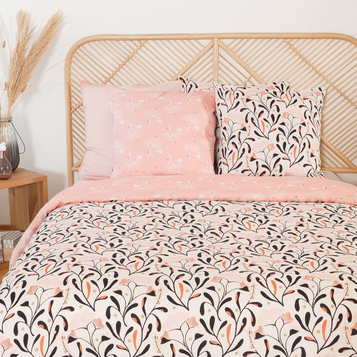 Parure de lit - housse de couette en satin de coton imprimée rose, EDEN