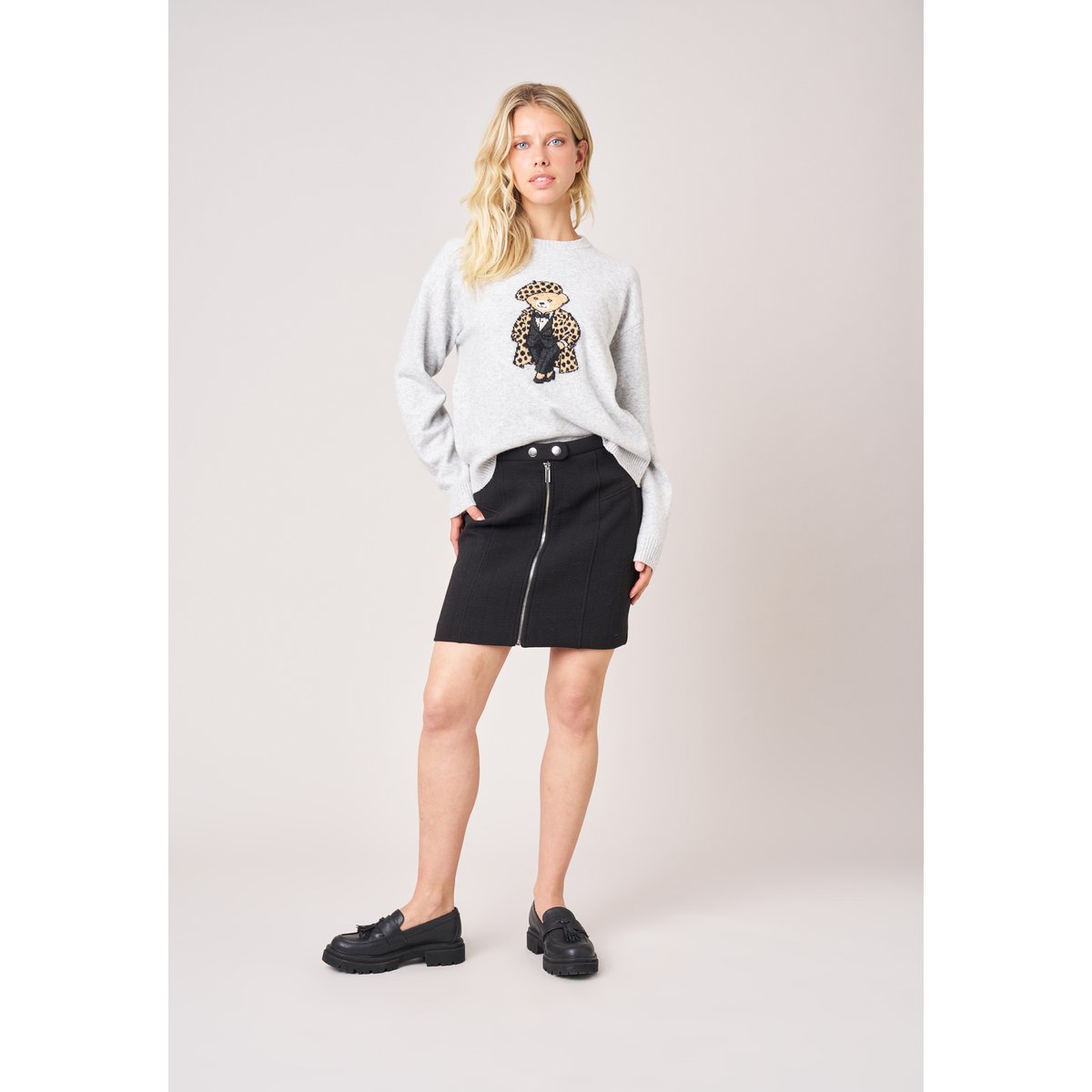 Pull femme maille douce motif ourson SWEATBEAR light grey mel, DEELUXE