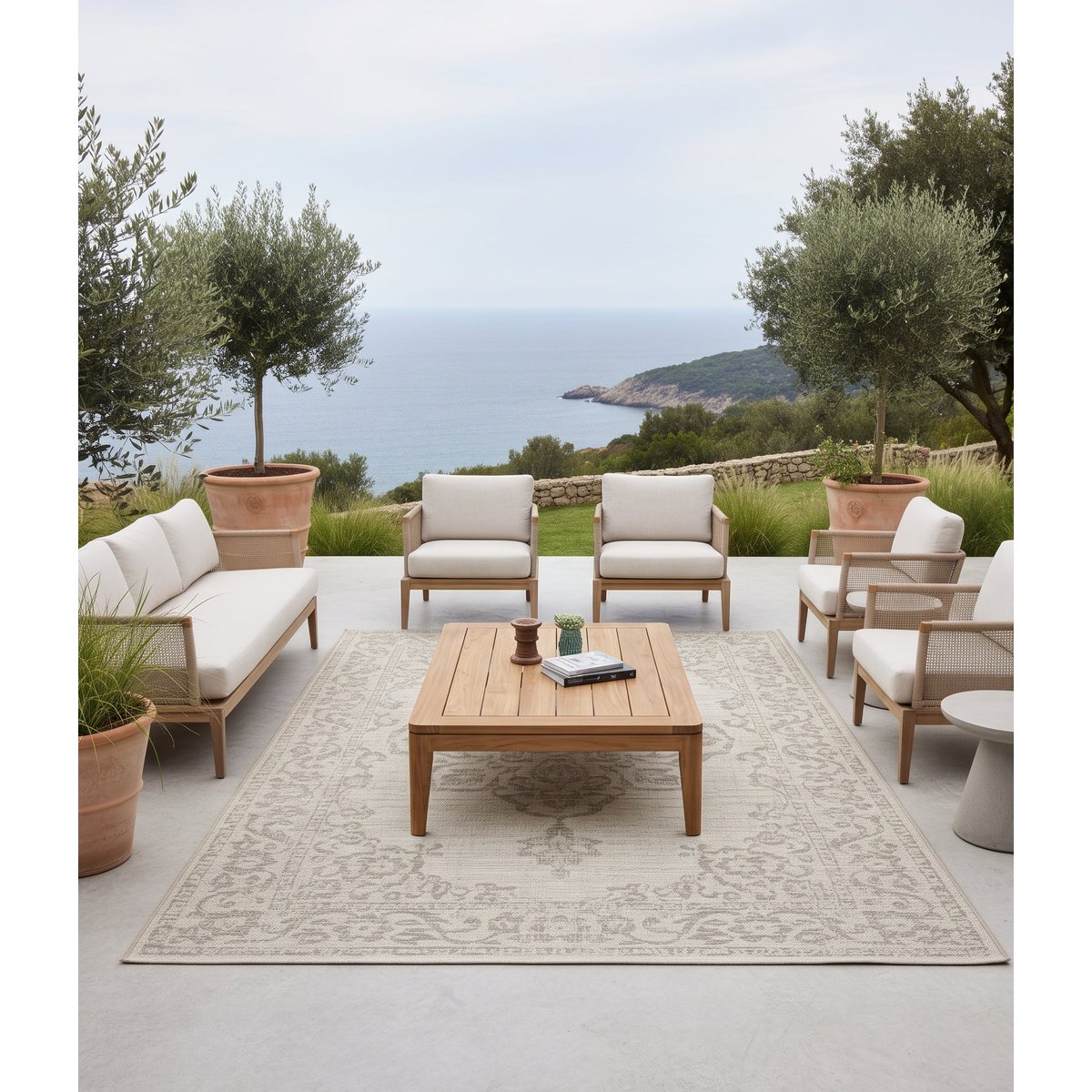 Tapis intérieur extérieur style bohème chic ALHAMBRA beige sable, AFK LIVING