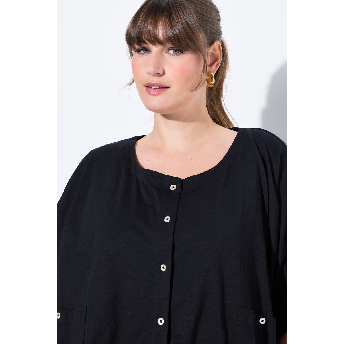 T-shirt, bande d'ourlet, col rond noir, ULLA POPKEN