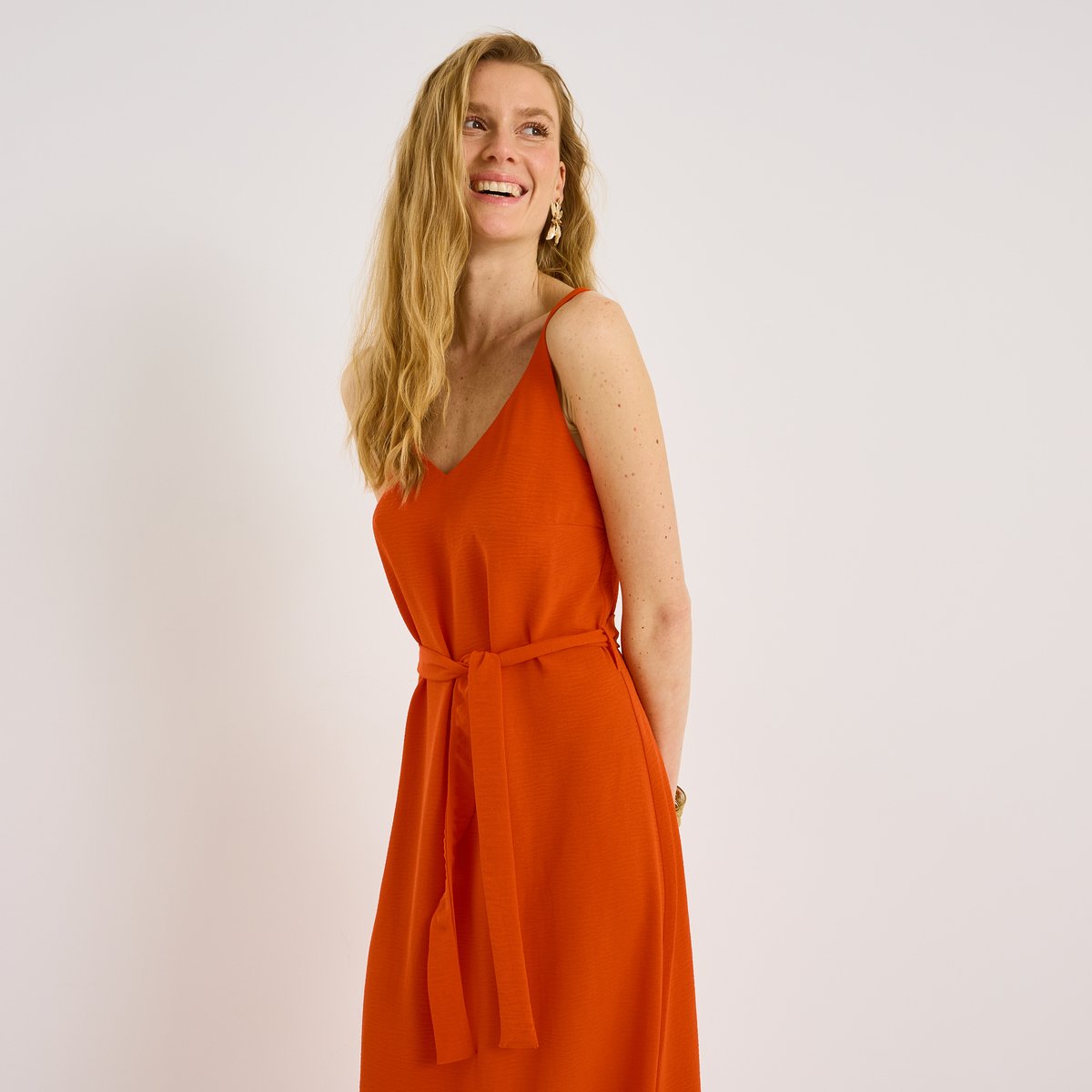Robe longue unie infroissable à nouer orange, GRAIN DE MALICE
