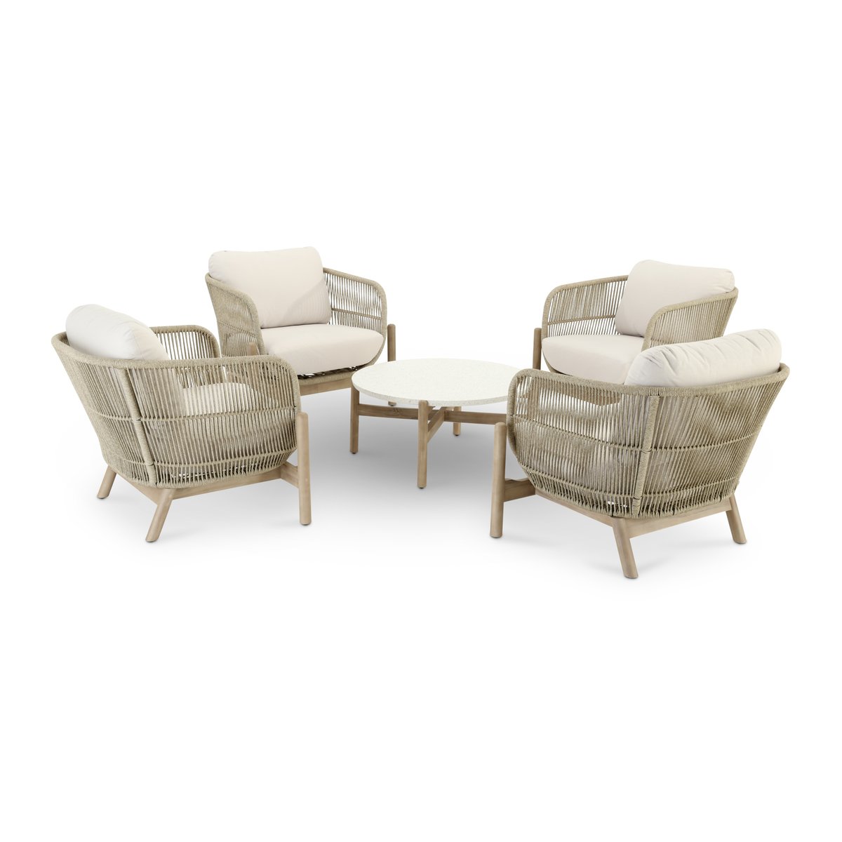 Salon de jardin 4 places, bois, PROVENZA structure bois clair, corde beige, coussin écru, DEFORA HOME
