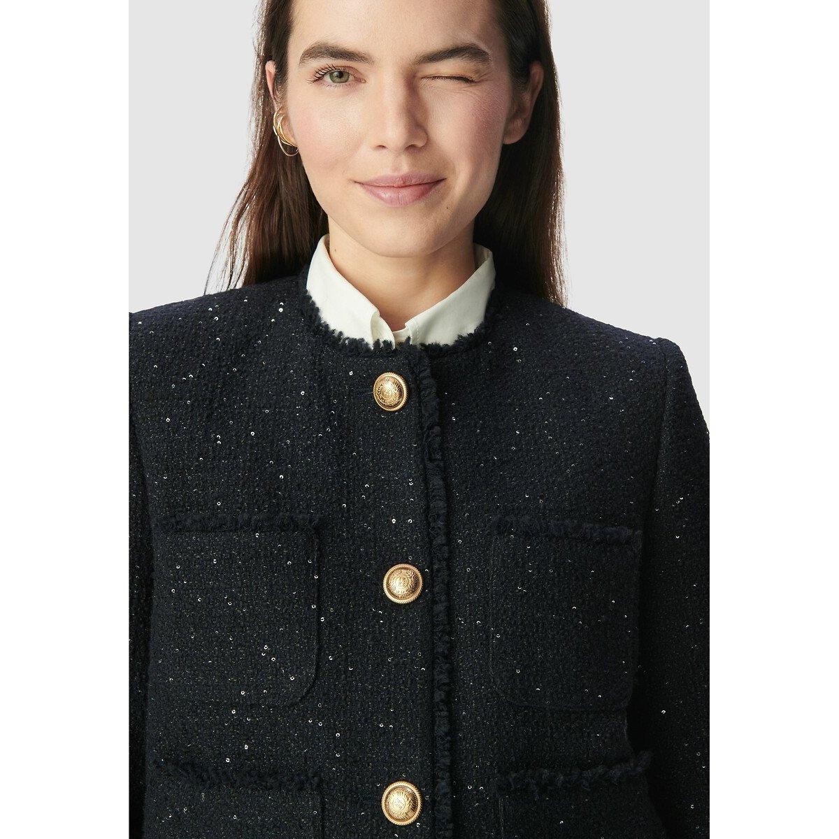 Veste courte effet tweed et sequins brodés marine, IKKS