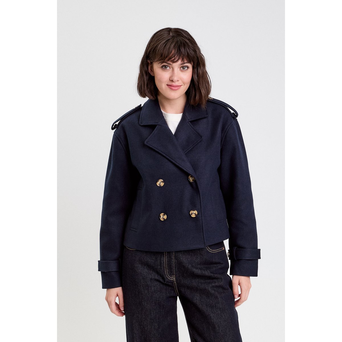 Trench court boutonné bleu marine, CACHE CACHE