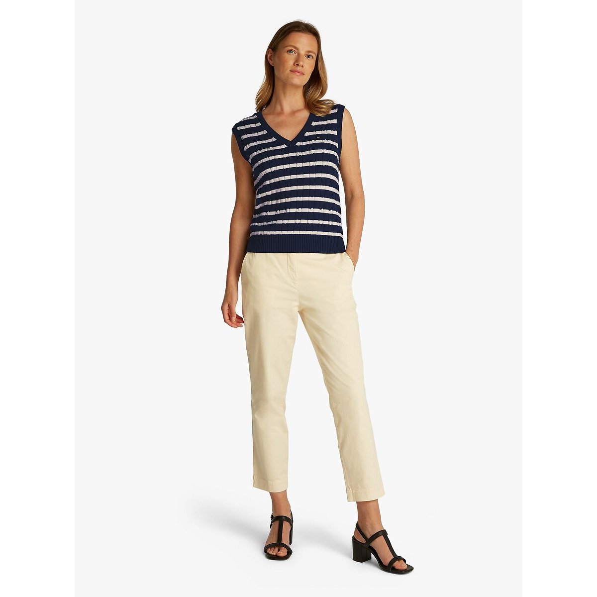 Pull sans manches col V marine/blanc, TOMMY HILFIGER