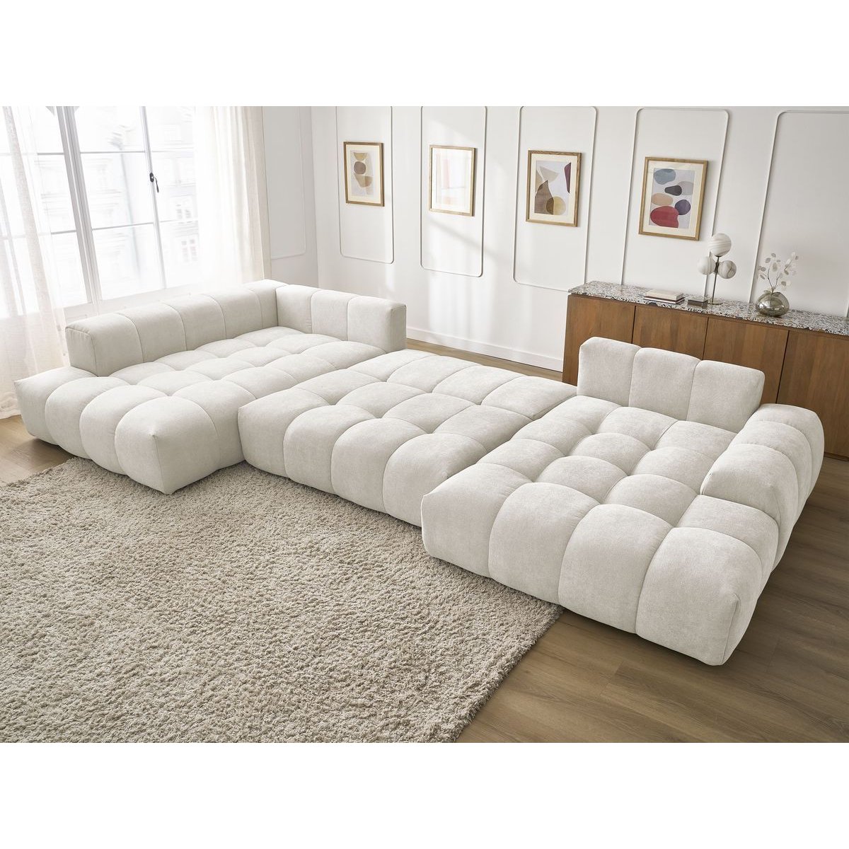 Canapé panoramique convertible 6 places en tissu texturé, EVEREST blanc, BOBOCHIC