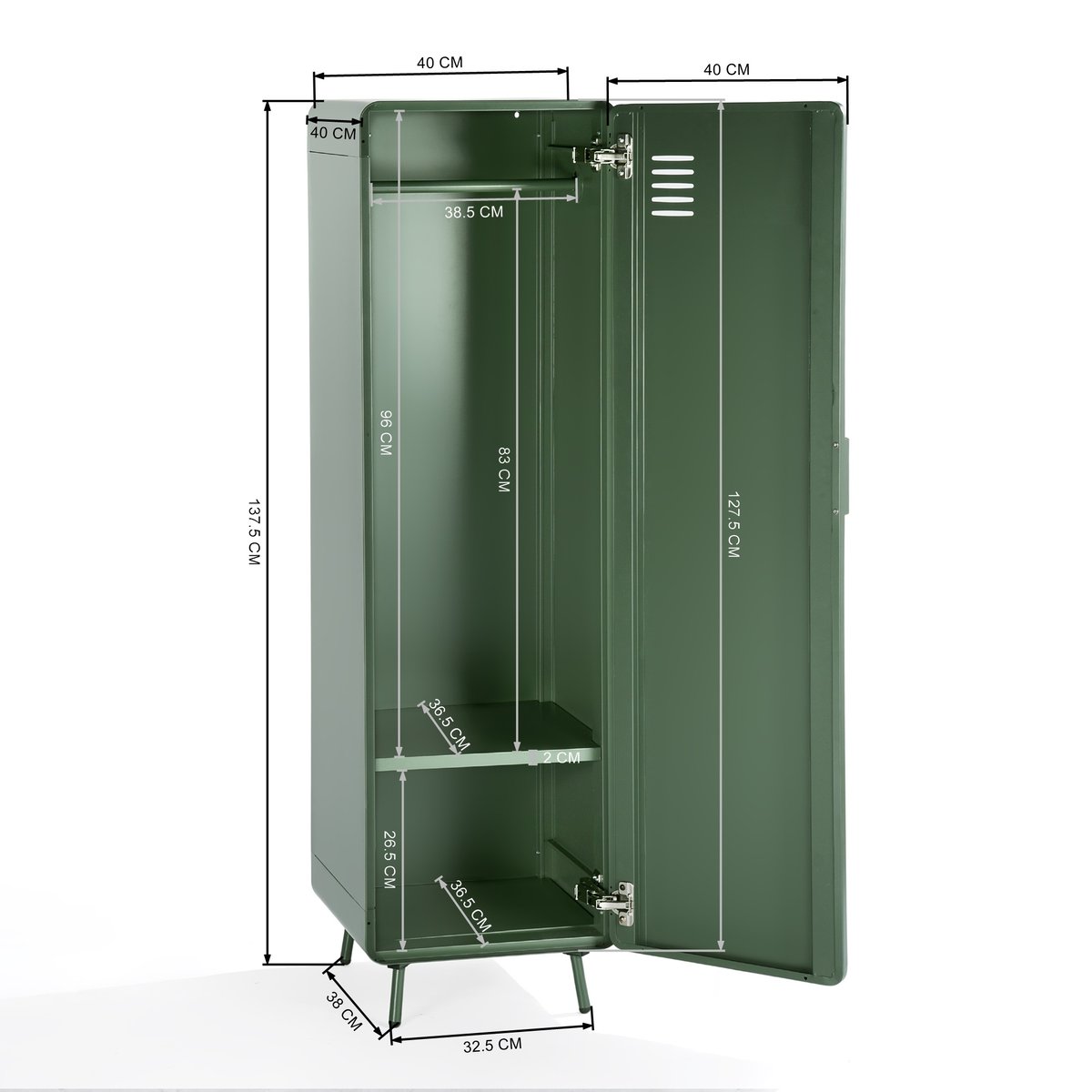 Armoire de rangement avec 1 portes 2 couches et 1 rail en métal industriel, WALNUTLIVING vert foncé, MEUBLES COSY