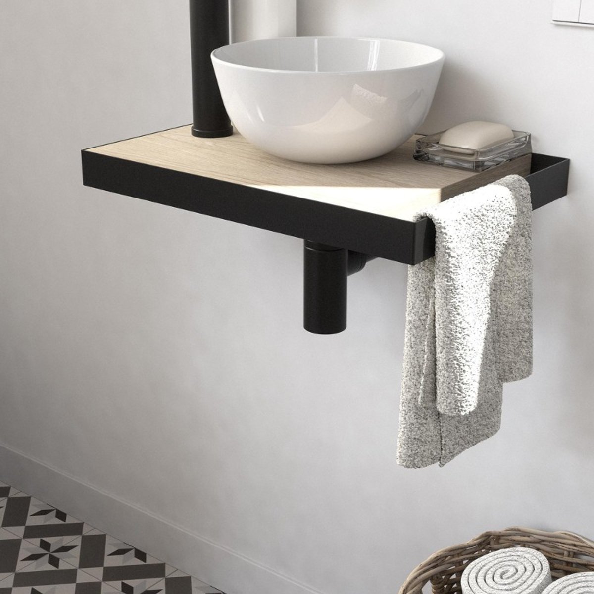 Lave-mains plan fin + vasque + miroir SOHO décor chêne, MOB IN