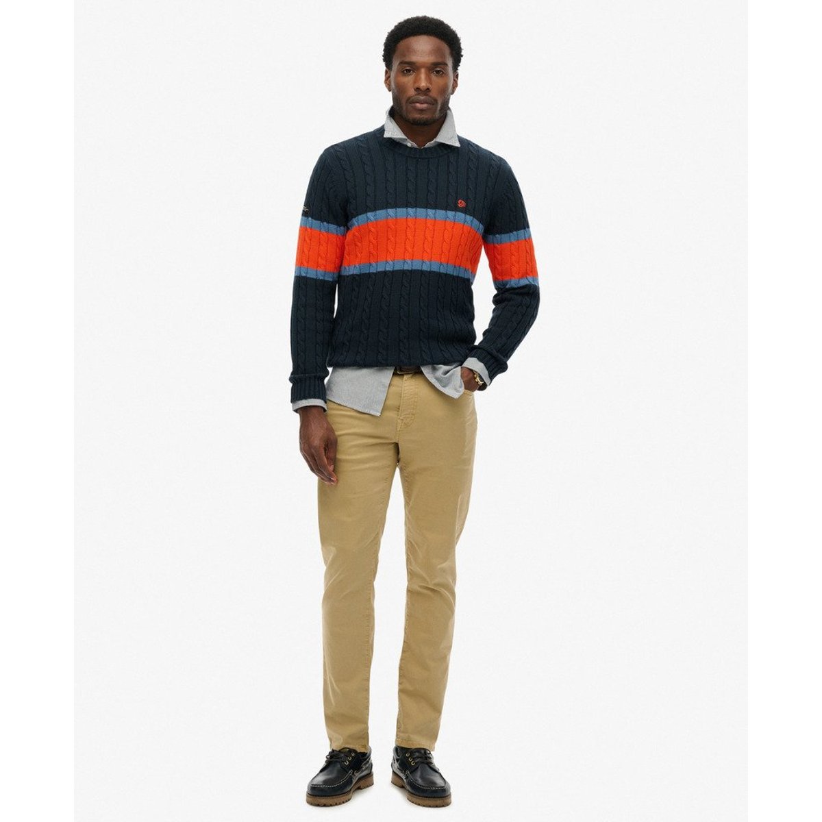 Pull en maille torsadée à rayures en coton bleu marine éclipse/orange vif, SUPERDRY