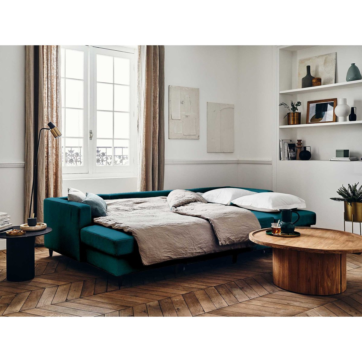 Canapé Panoramique Convertible 7 places - ANNA bleu canard, BEST MOBILIER