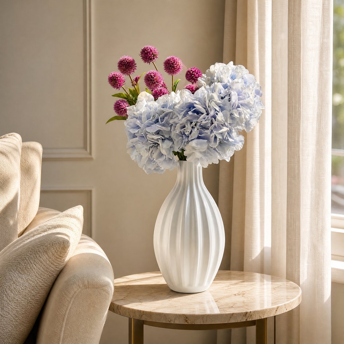 Bouquet de 5 tiges d'hortensia artificiel H62 bleu, SIA