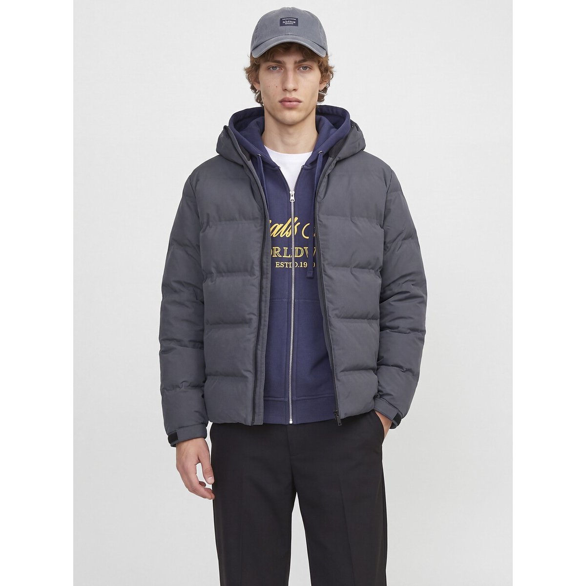 Piumino corto cappuccio fisso e collo alto, per l'inverno grigio asfalto, JACK & JONES