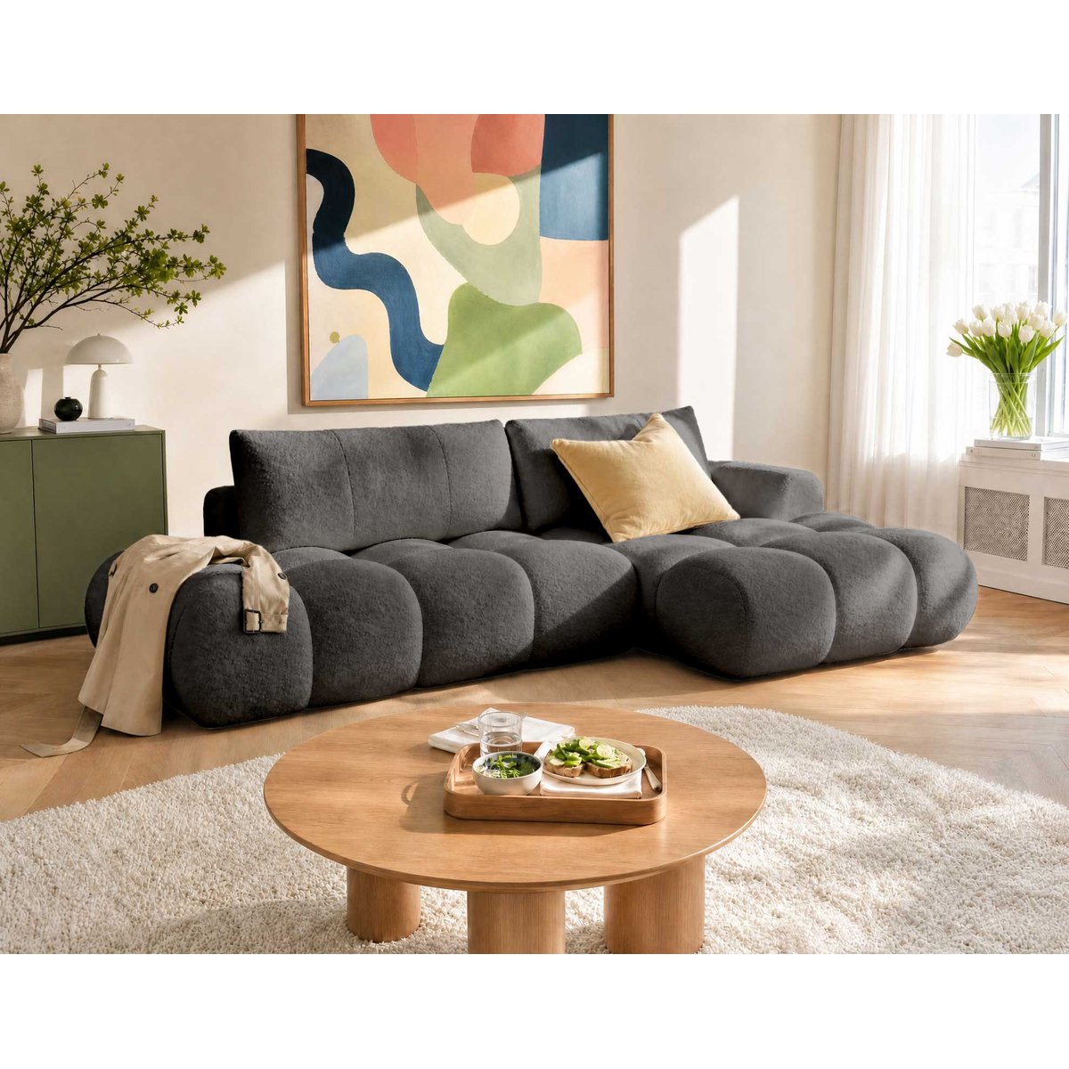 Canapé d'Angle Convertible en Tissu bouclette 4 places - YULIN gris, LISA DESIGN