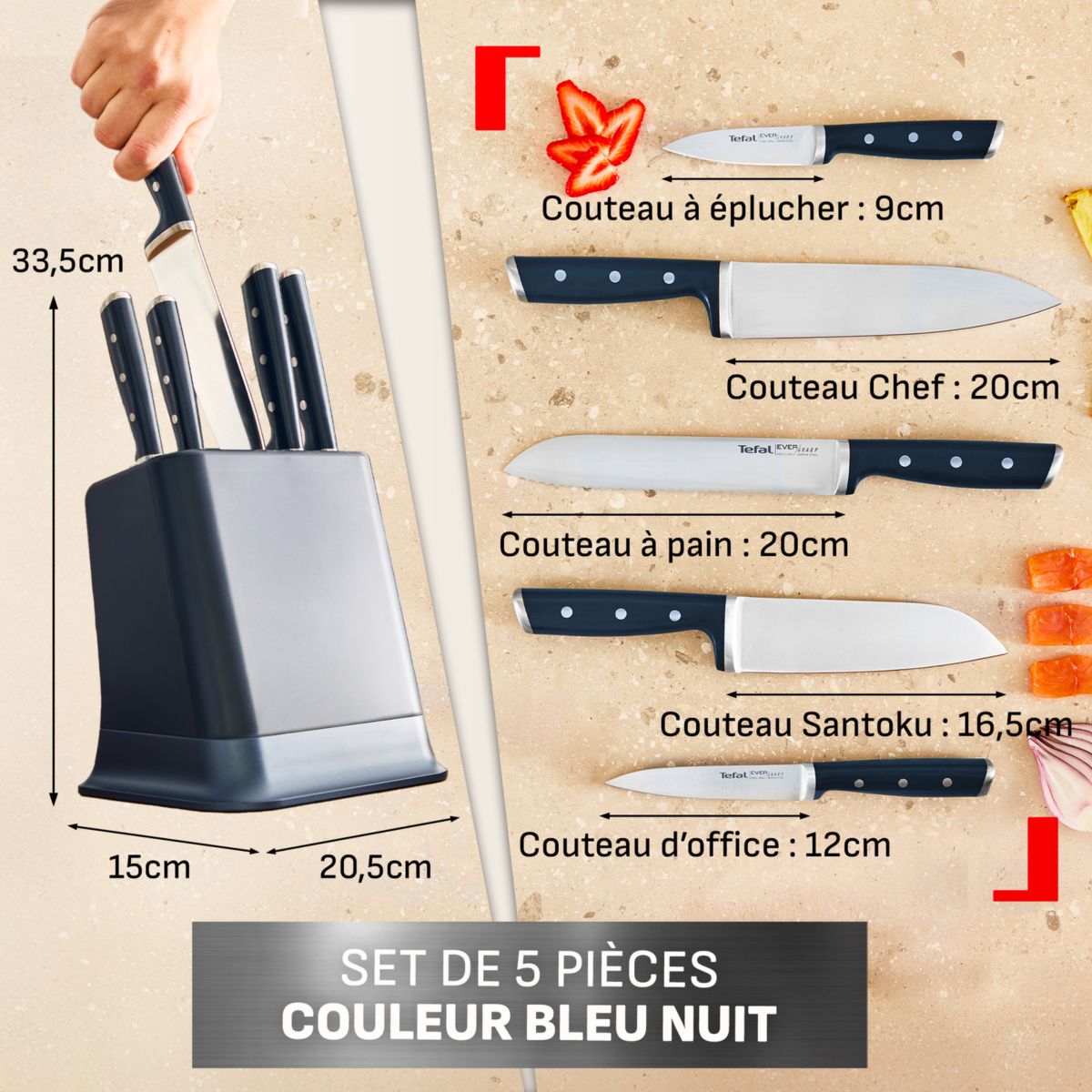 Set de couteaux EverSharp Pro 5 pcs aiguiseur integré couleur unique, TEFAL