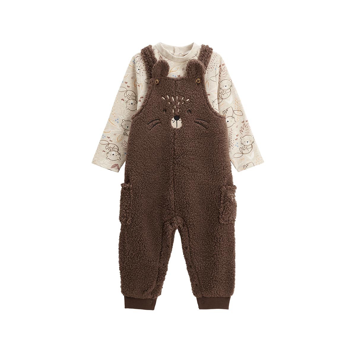 Ensemble salopette bébé en sherpa et t-shirt Cracotte marron, PETIT BEGUIN