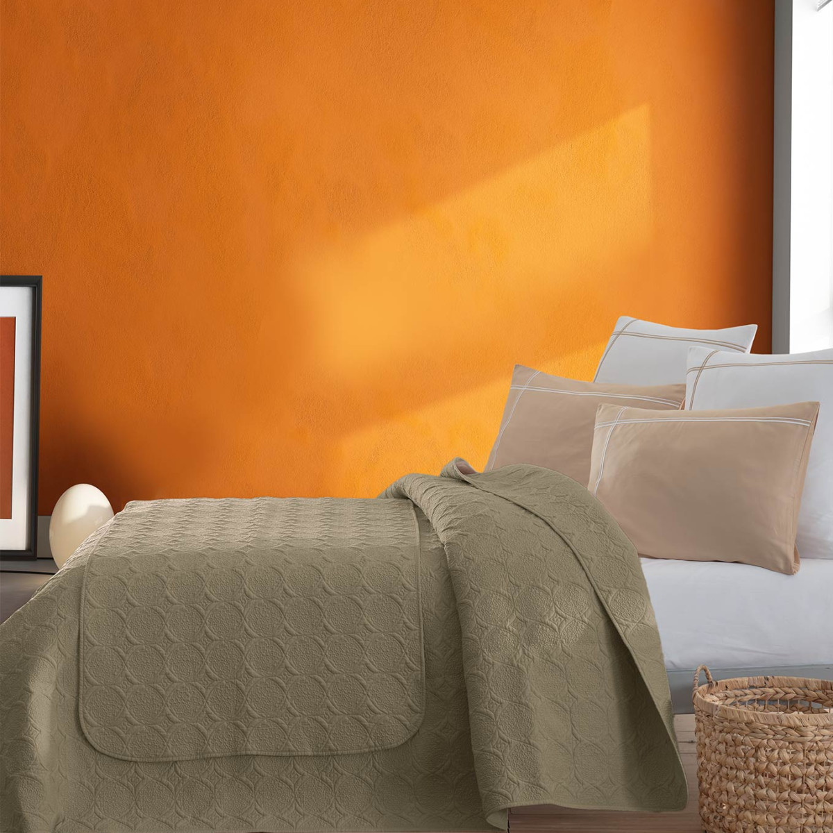 Chemin de lit en percale de coton surpiqué IKEBANA taupe, SENSEI MAISON