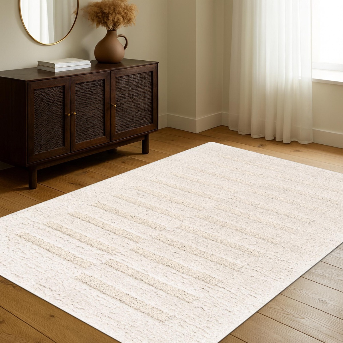 Tapis shaggy doux à relief graphique ORGANIC RELIEF crème, THE DECO FACTORY