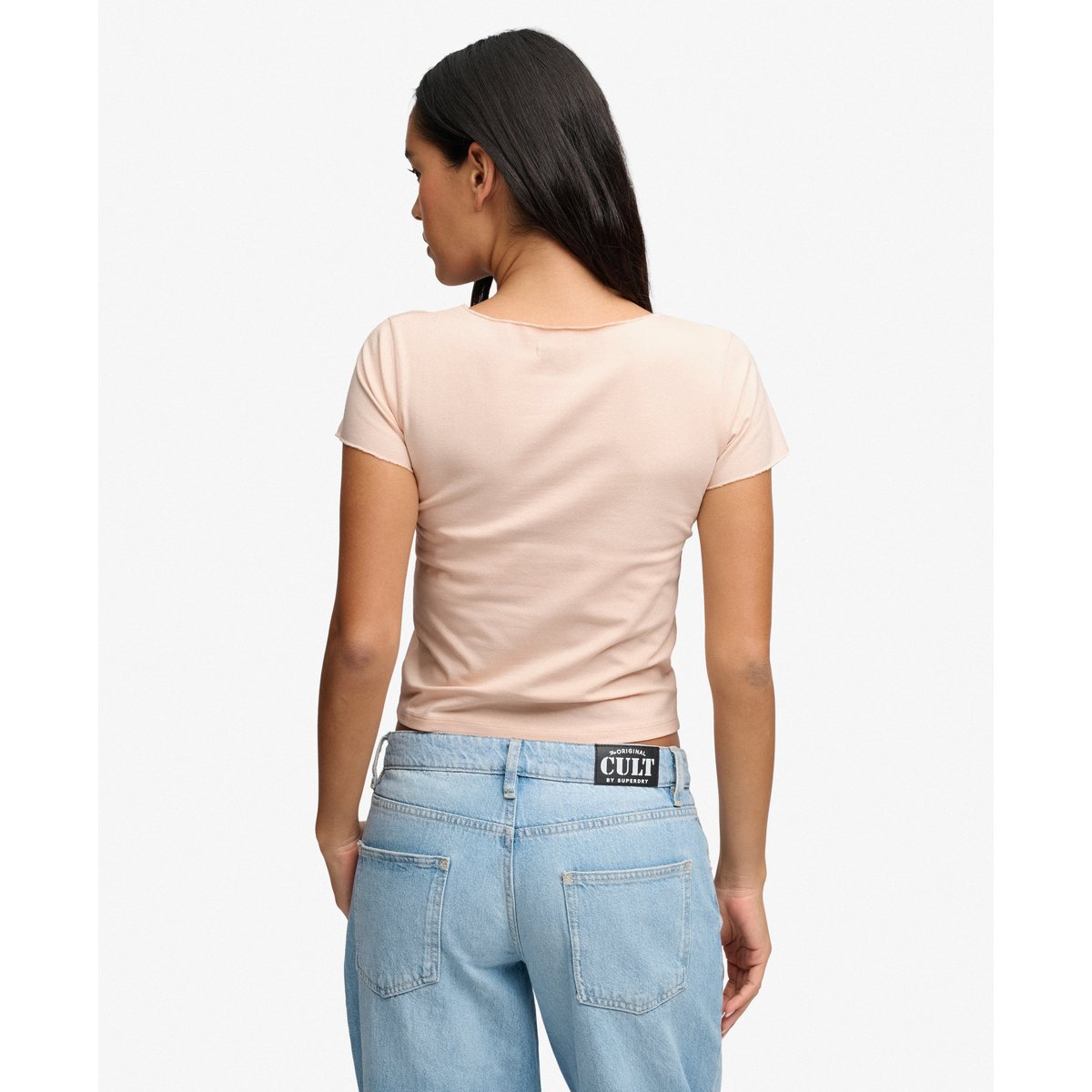 T-shirt Crop Col V Froncé Coupe Ajustée rose poudré, SUPERDRY