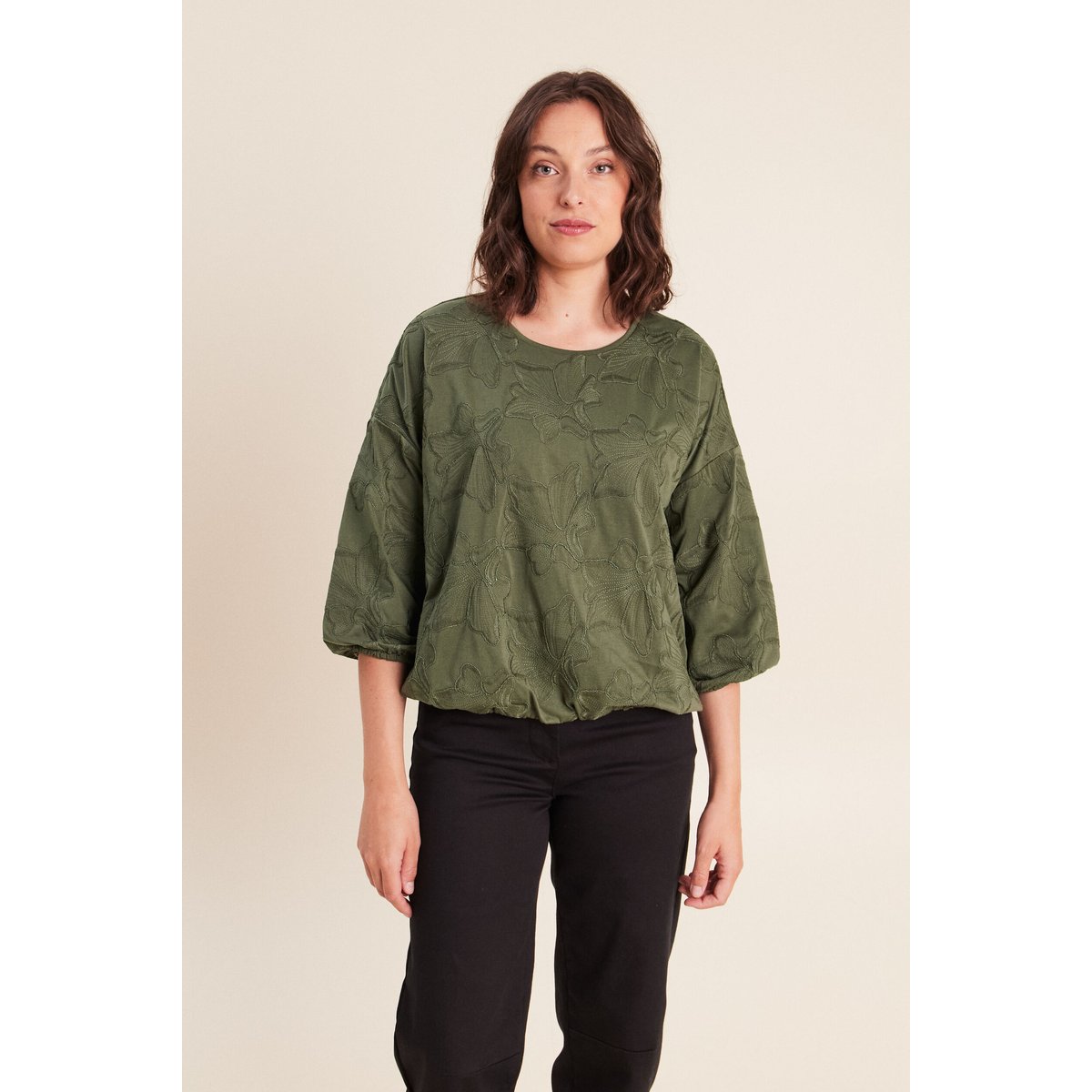 Blouse col v manches 3/4 bas resserré vert kaki, BREAL