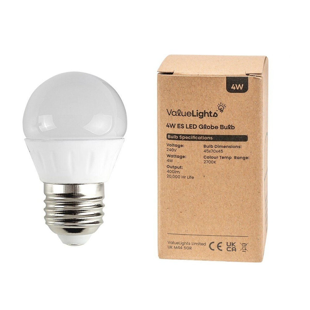 Set of 2 4W ES LED Globe Bulbs in Warm White transparent white, MINISUN