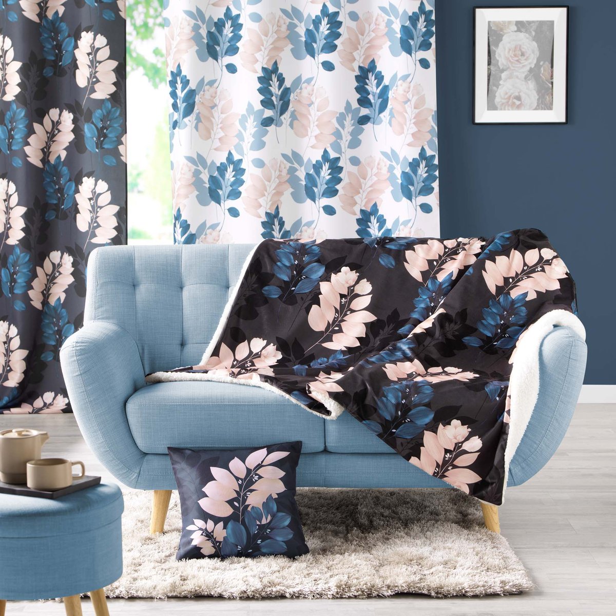 Plaid sherpa 125 x 150 cm Belline fleurie bleu bleu, EDEN