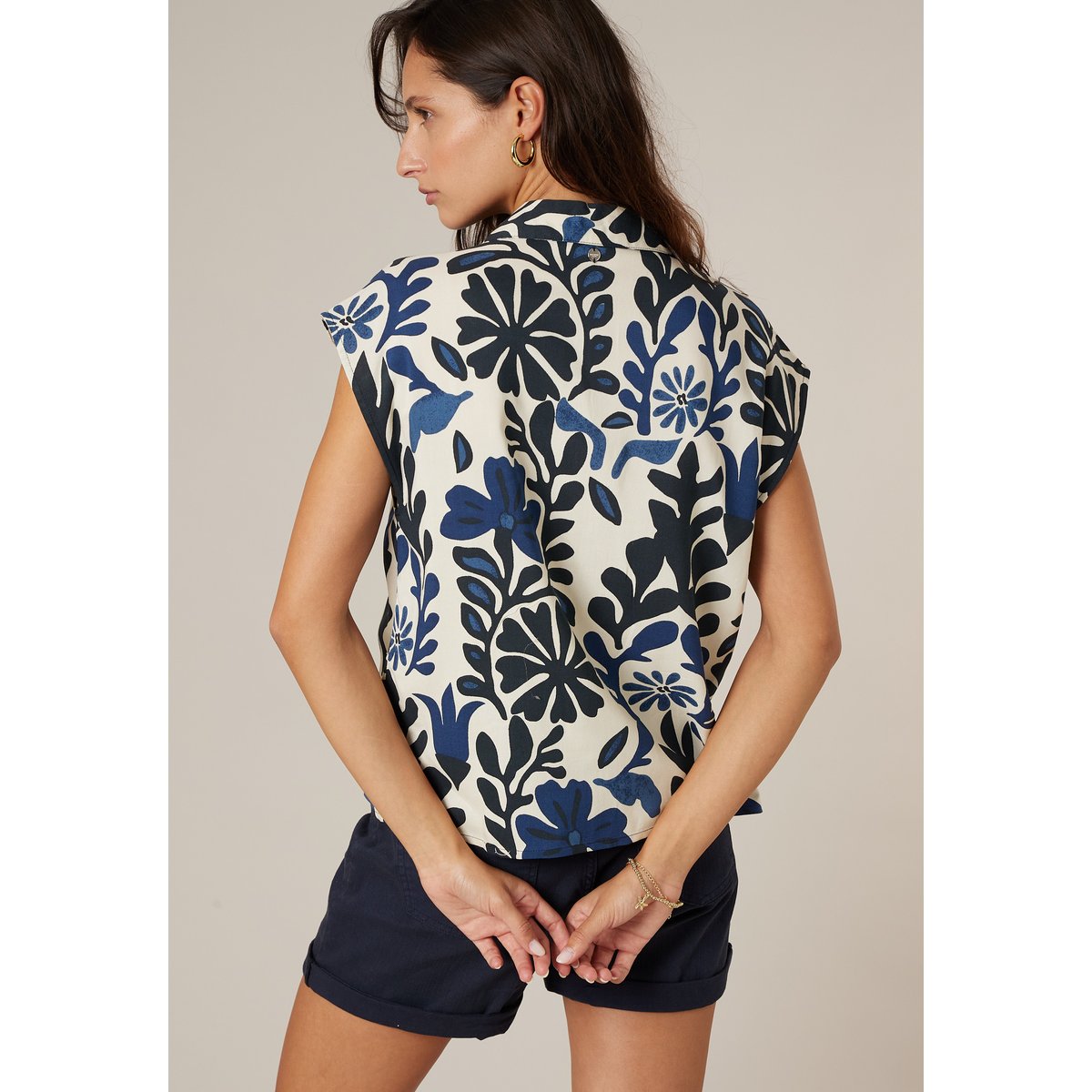 Blouse femme fluide imprimé végétal et floral DAMIA navy, DEELUXE