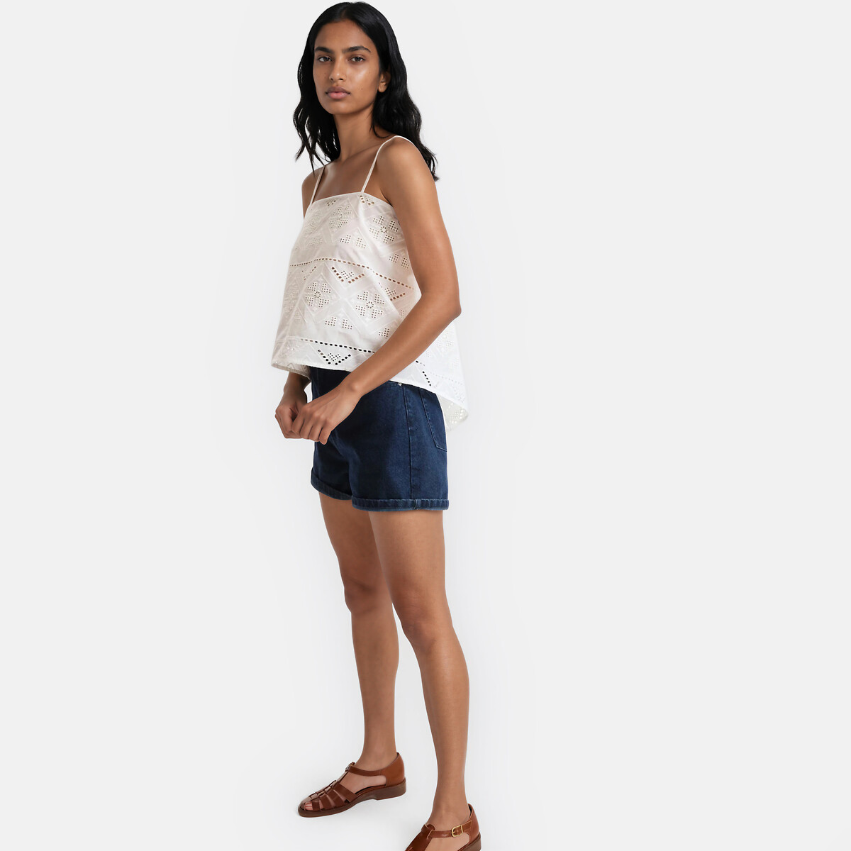 Top à fines bretelles en broderie anglaise blanc, LA REDOUTE COLLECTIONS