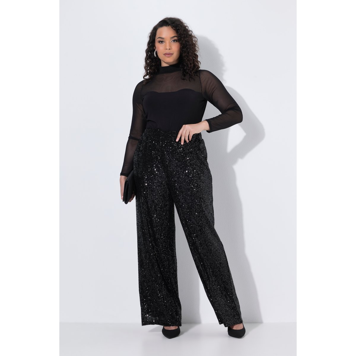 Pantalon à paillettes, jambe droite et large noir, ULLA POPKEN