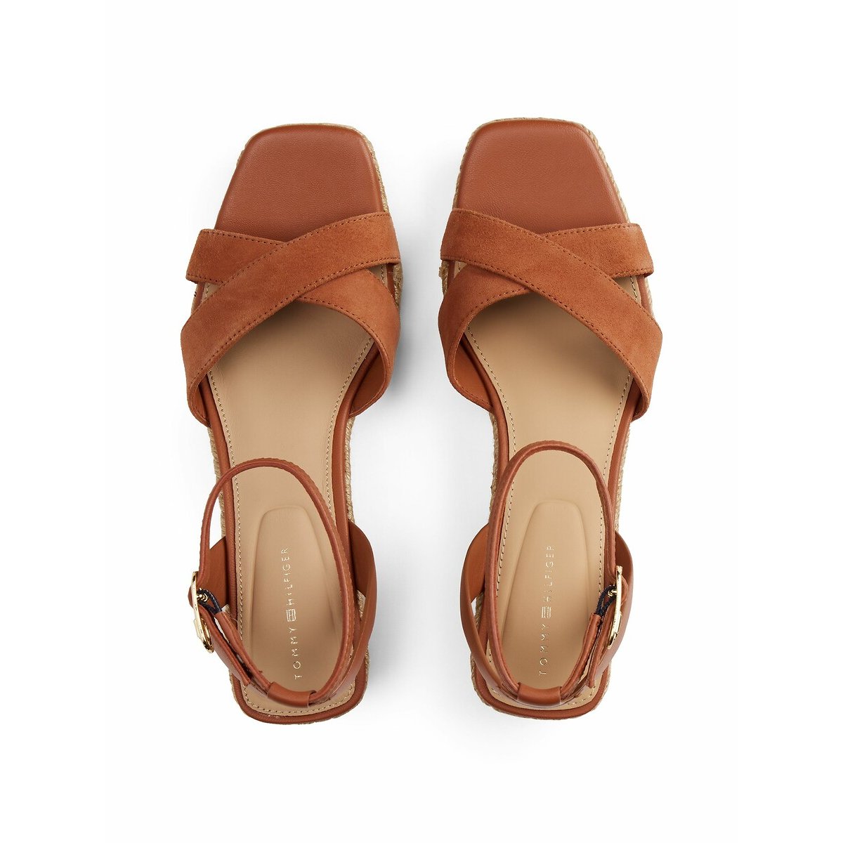 Sandali con zeppa in pelle cognac, TOMMY HILFIGER
