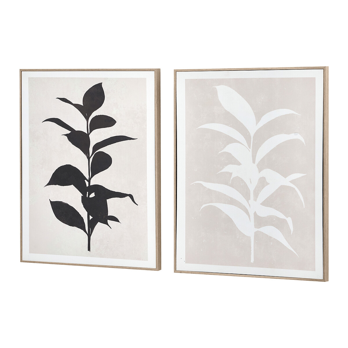 Set of 2 Natural and Black Leaf Print Canvases with Natural Frames natural, SO'HOME