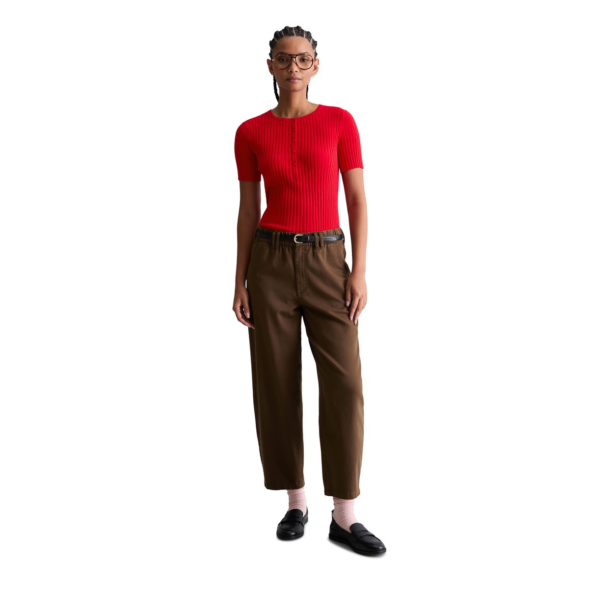 Pull à manches courtes en maille fine slim en LENZING™ ECOVERO™ rouge clair, MARC O’POLO DENIM