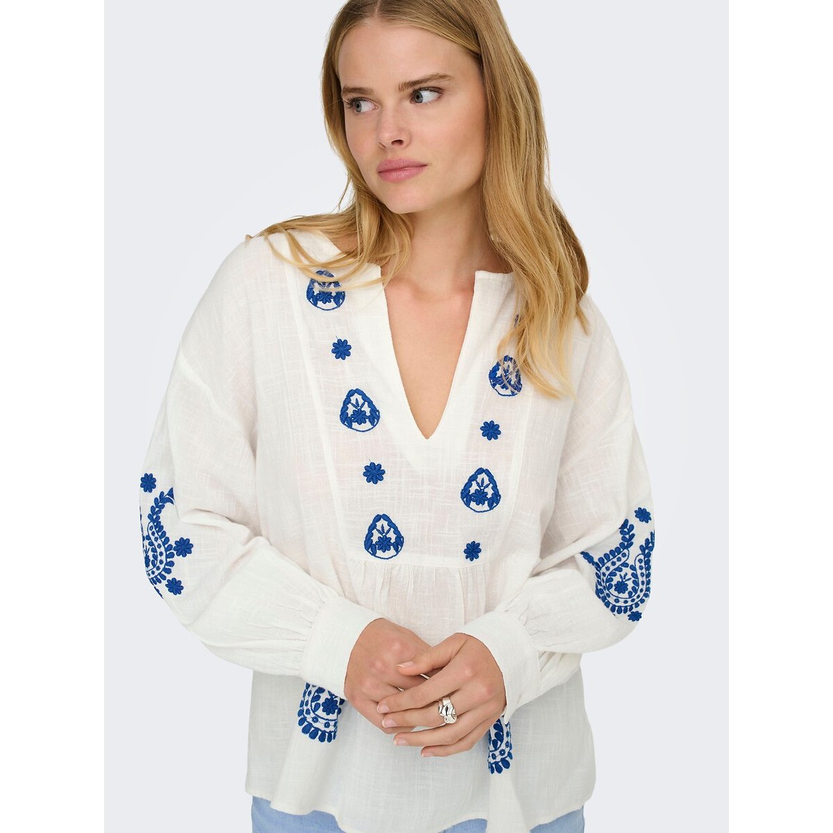 Embroidered Long Sleeve Blouse white/blue, ONLY