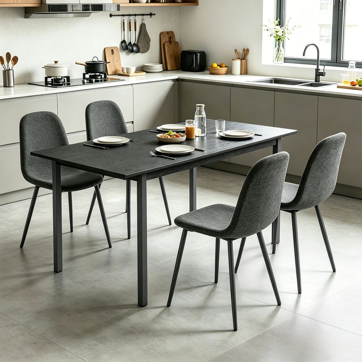 Ensemble de table à manger extensible à allonge avec 4 chaises, BARICHARLTON gris foncé, MEUBLES COSY