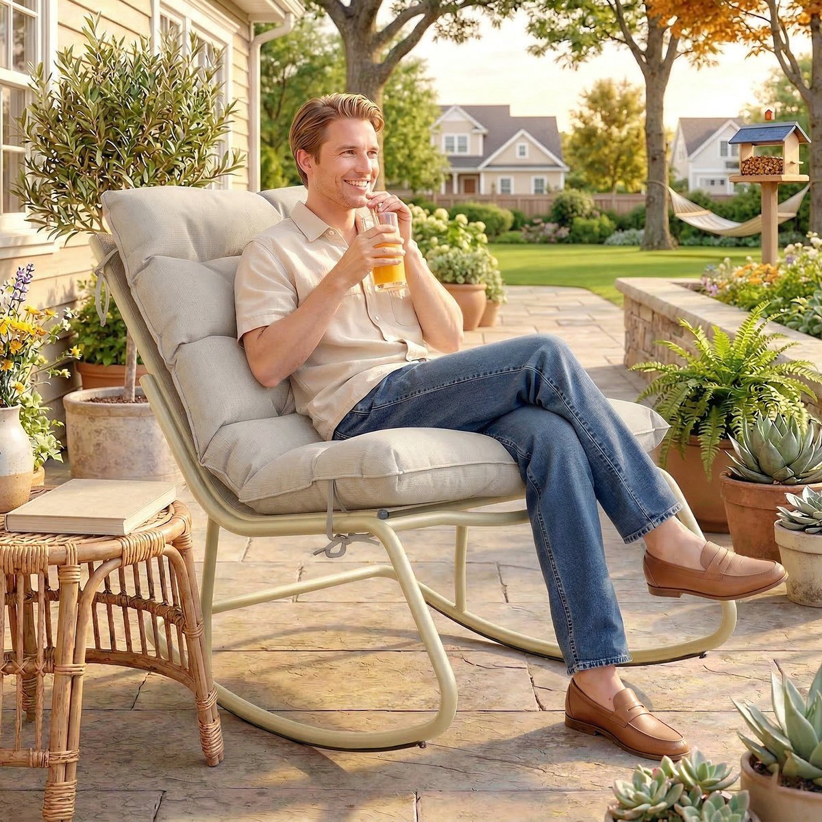 Fauteuil à bascule Acier Beige Kaki beige kaki, jaune, OUTSUNNY
