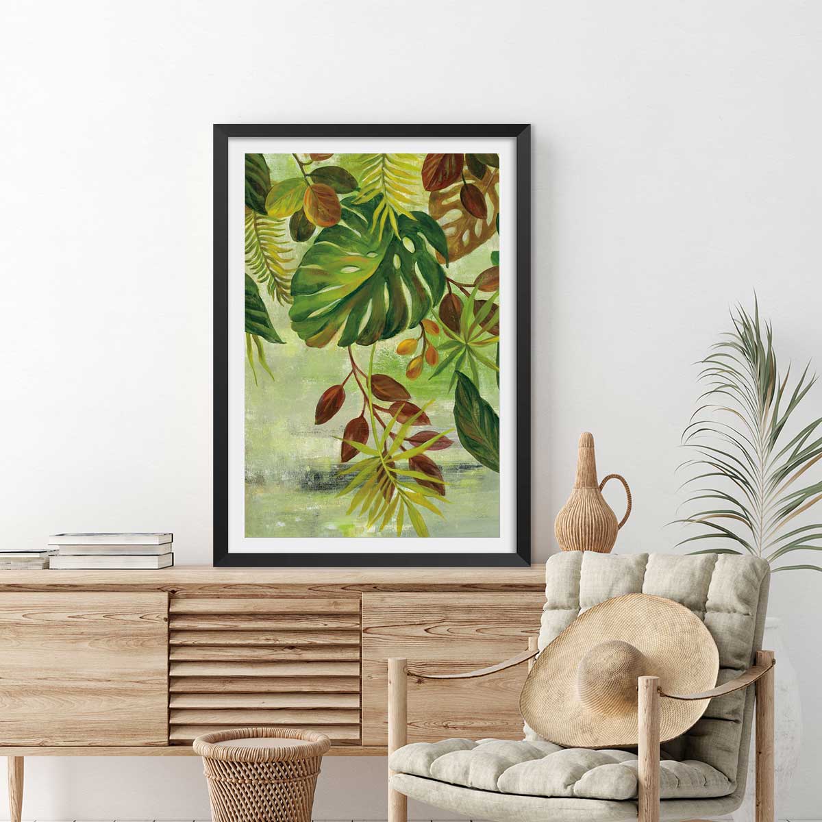 Poster Feuillage tropical affiche + cadre en bois - noir, HEXOA