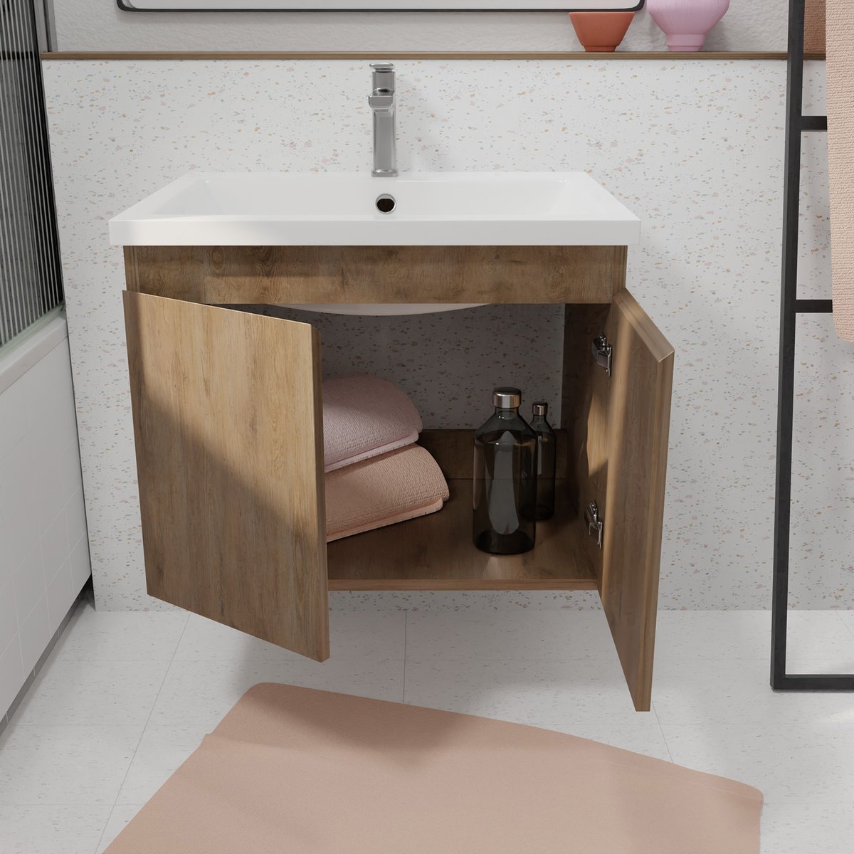 Meuble salle de bain à suspendre en bois avec vasque encastrée naturel, HOME MAISON