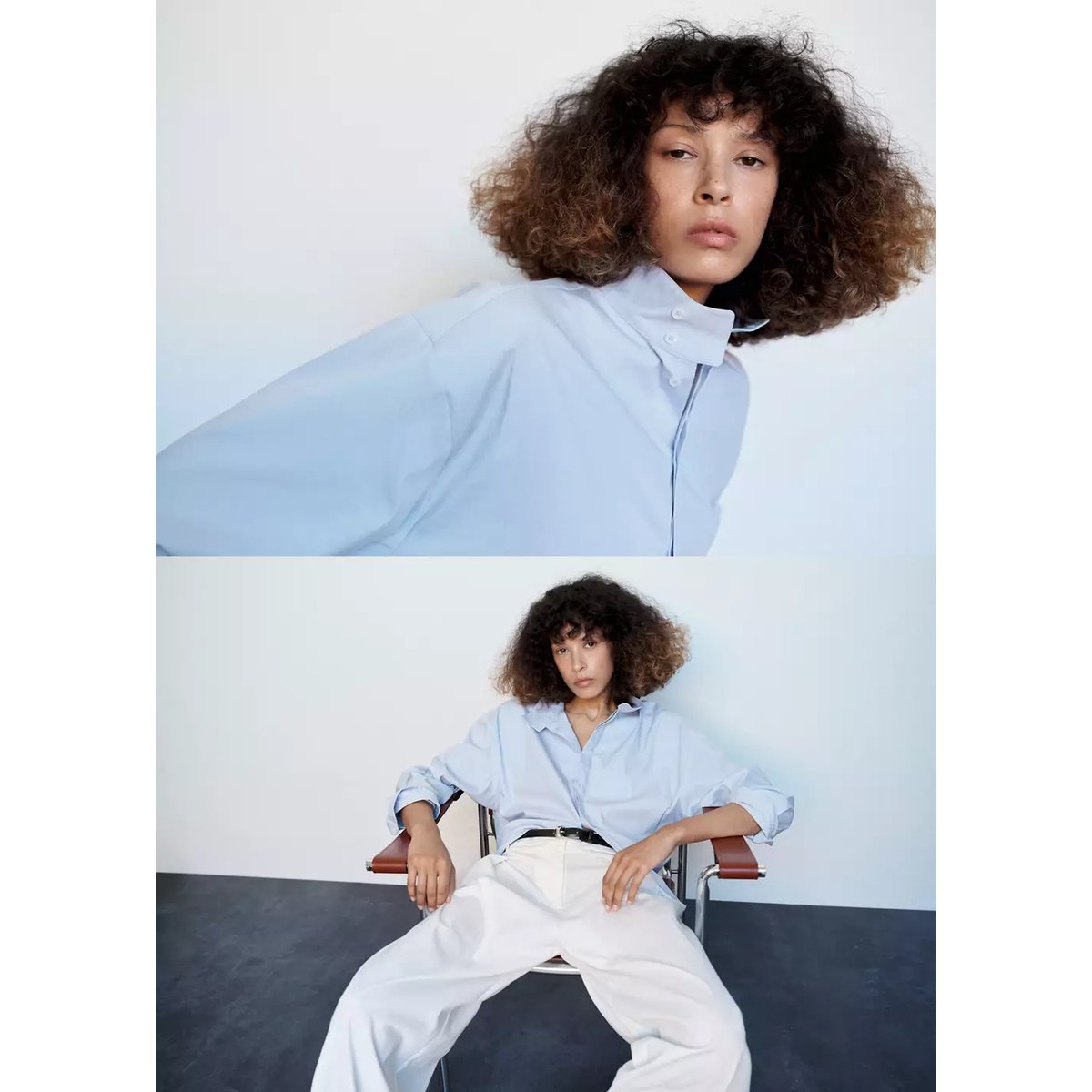 Chemise oversize à col cheminée bleu, MANGO