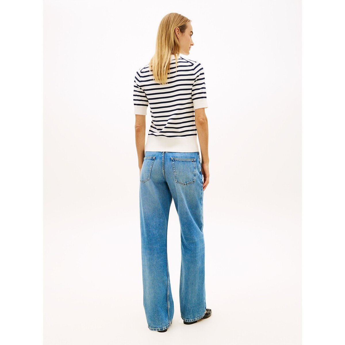 Pull a maniche corte a righe con scollo rotondo rigato écru/marine, TOMMY HILFIGER