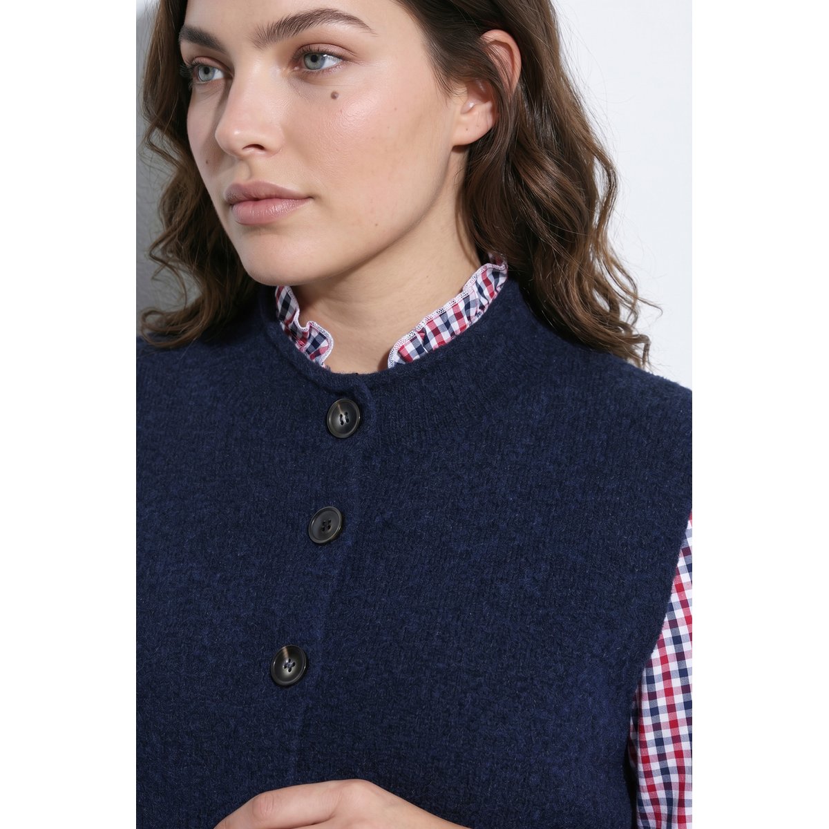 Gilet en maille, bords roulottés et col rond marine, ULLA POPKEN