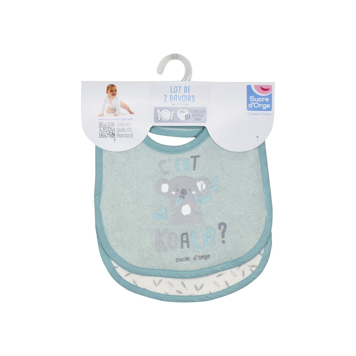 Lot de 2 bavoirs naissance fatou bleu, SUCRE D'ORGE