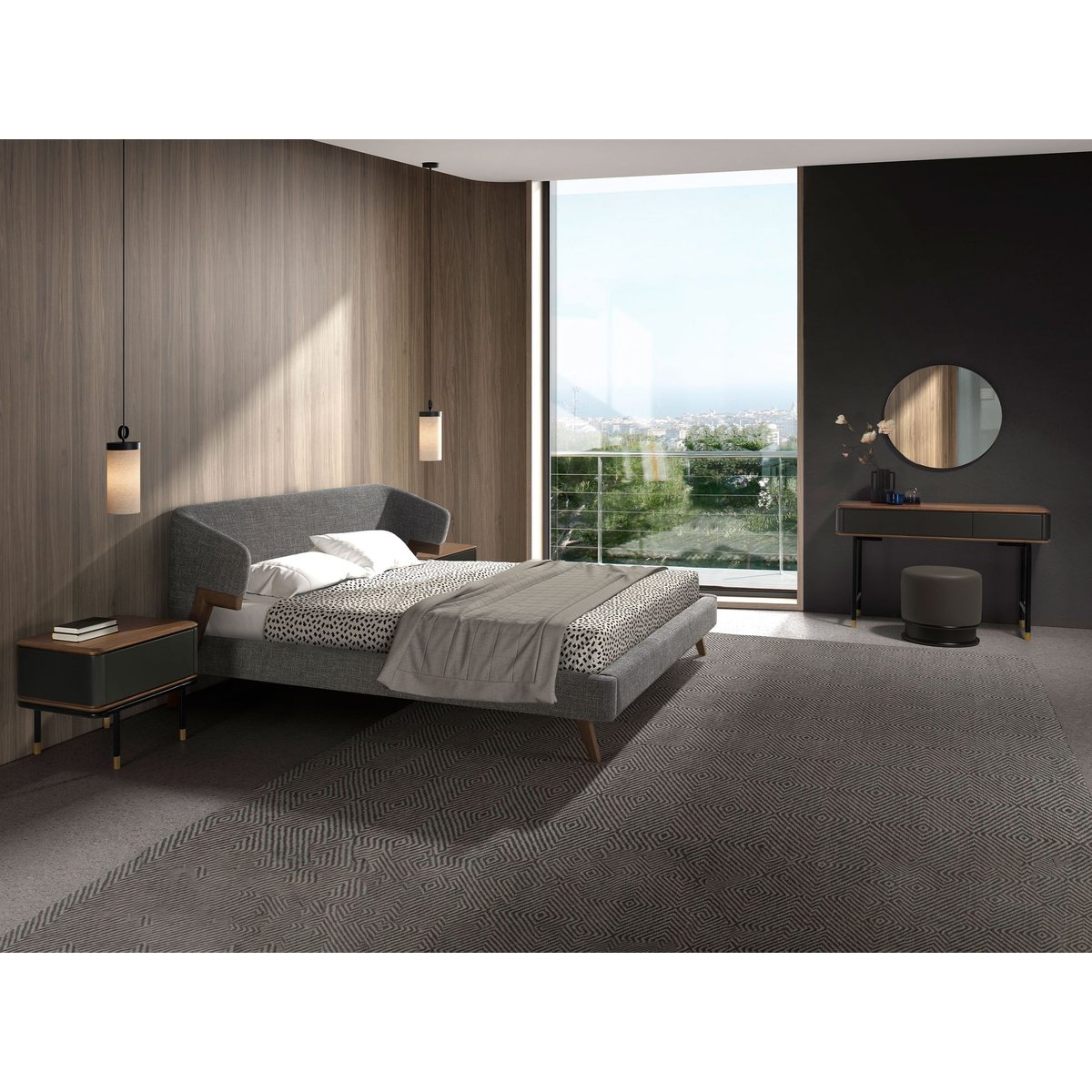 Table de nuit en bois mat, acier et plateau en noyer gris foncé | noyer | or, ANGEL CERDA