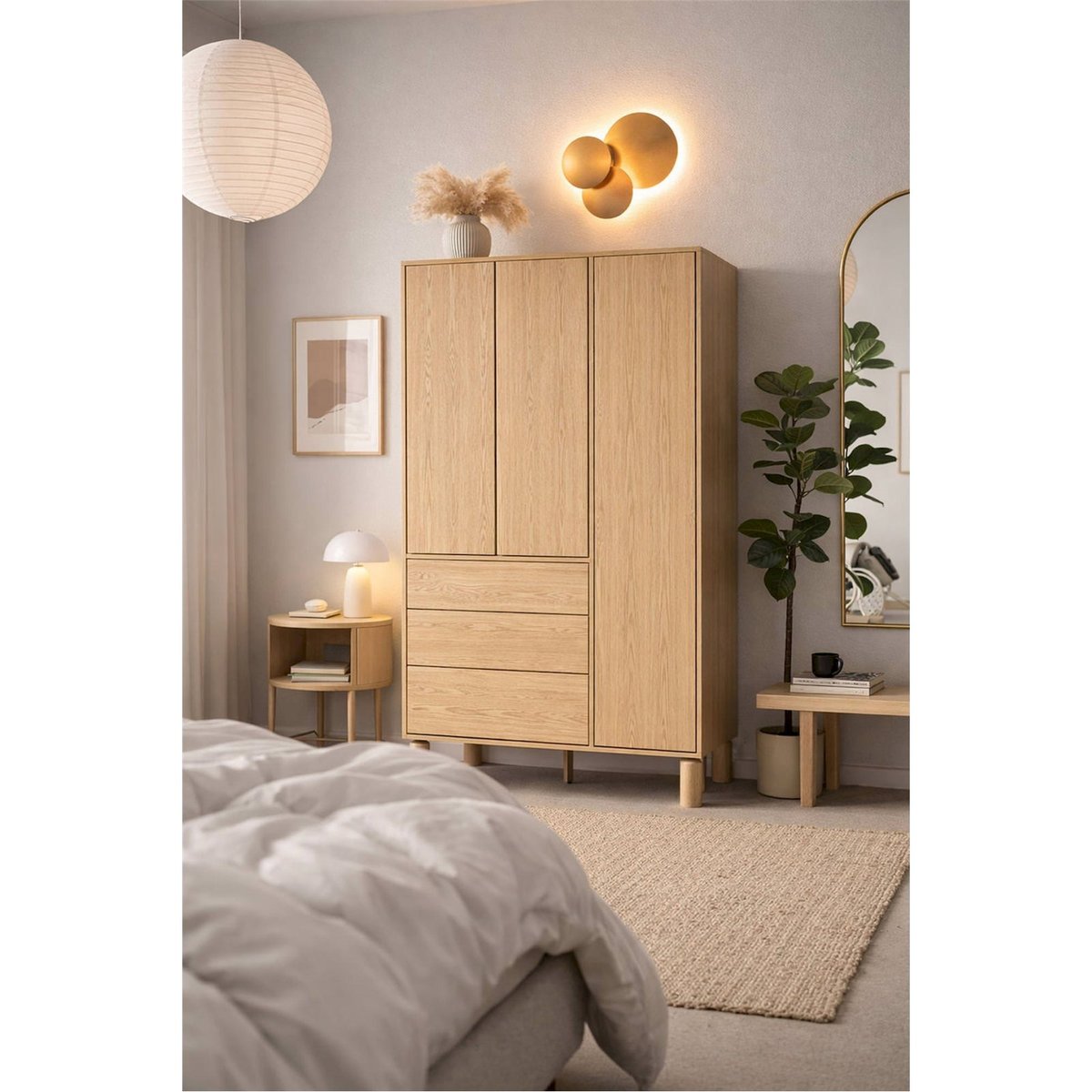 Armoire 3 portes 3 tiroirs collection SANDEN décor chêne bookmatch, RECOLLECTION