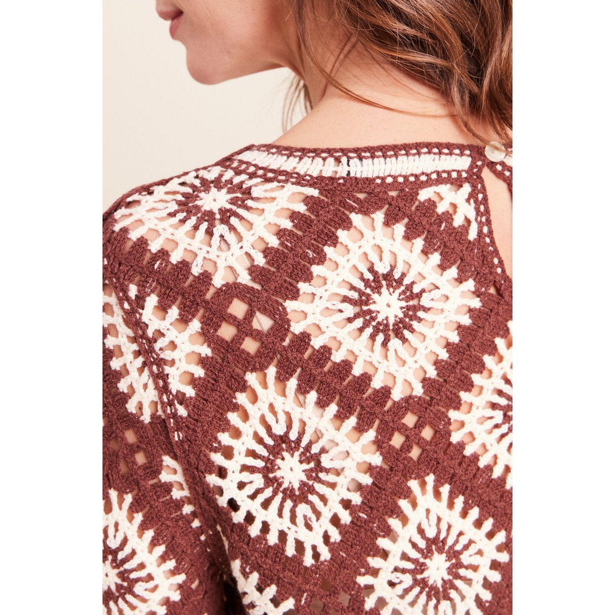Pull en crochet col rond manches courtes marron, BREAL