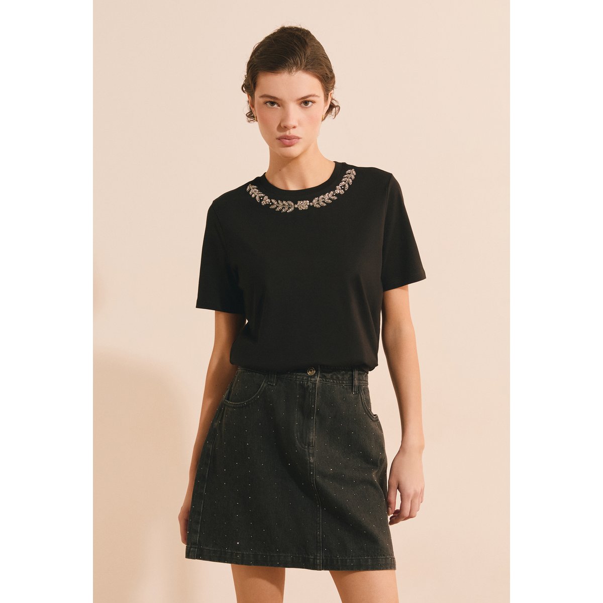 T-shirt manches courtes avec strass en coton ADRIANO noir, ETAM